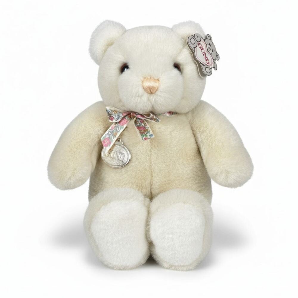 NWT Vintage 1989 Gund Tucker Bear White Plush Stuffed Animal Toy w/ Medallion 9"